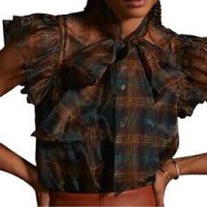 Current Air Sheer Plaid Bow Blouse in Navy, Red, and Teal